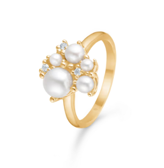 DIAMOND CLOUD ring i 14 kt. guld m. kulturperle og brillanter