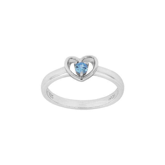 Rhod. sølvbørnering hjerte m/lyseblå cz